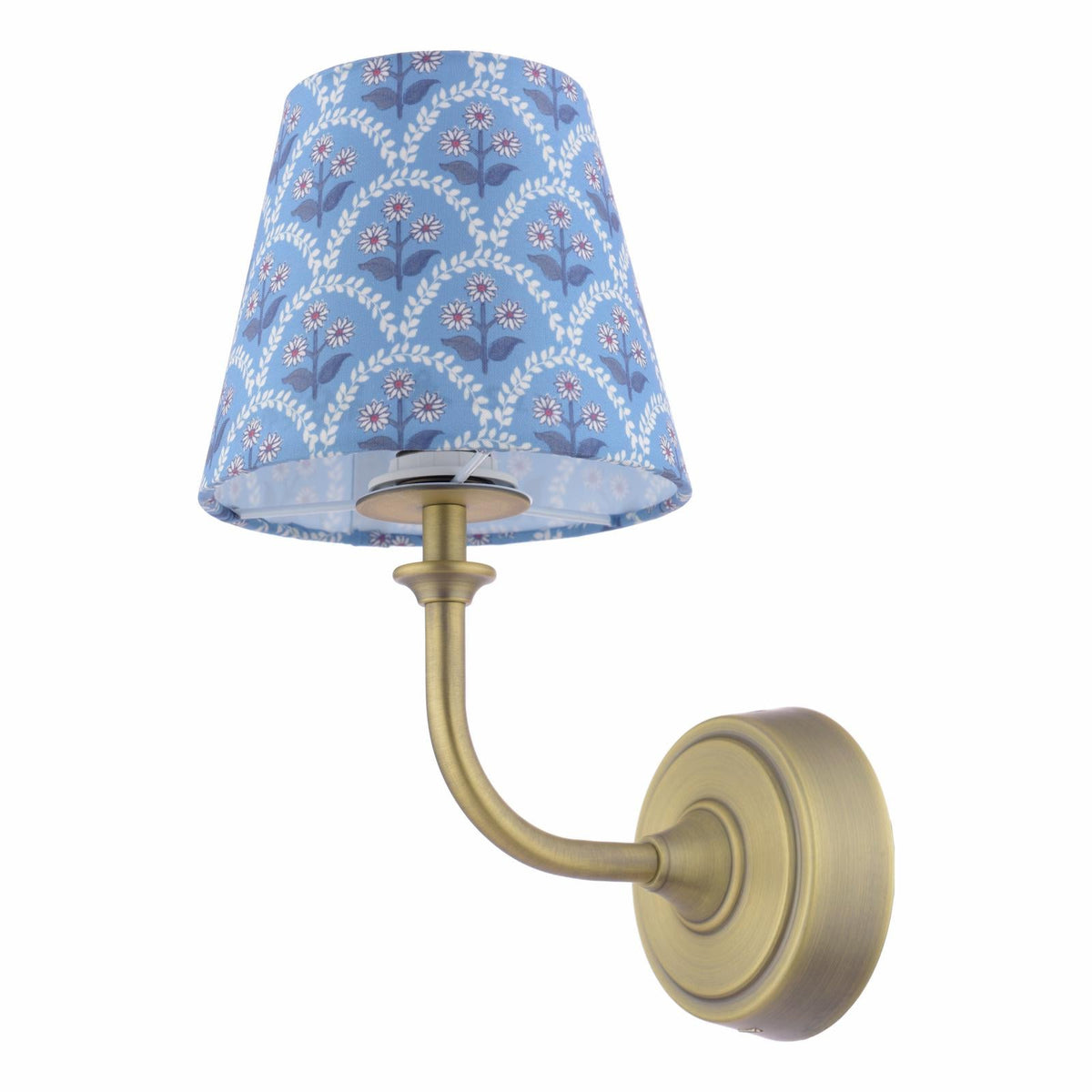 Joules Apsley rechargeable wall light in matt antique brass with a blue floral cotton shade