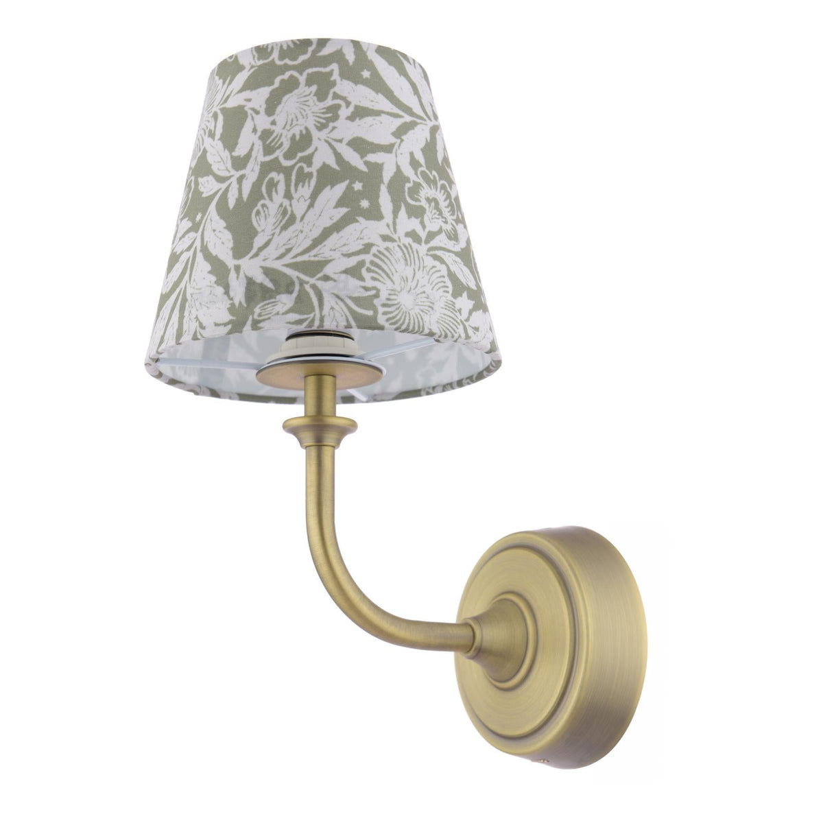 Joules Apsley rechargeable wall light in matt antique brass with green floral cotton shade