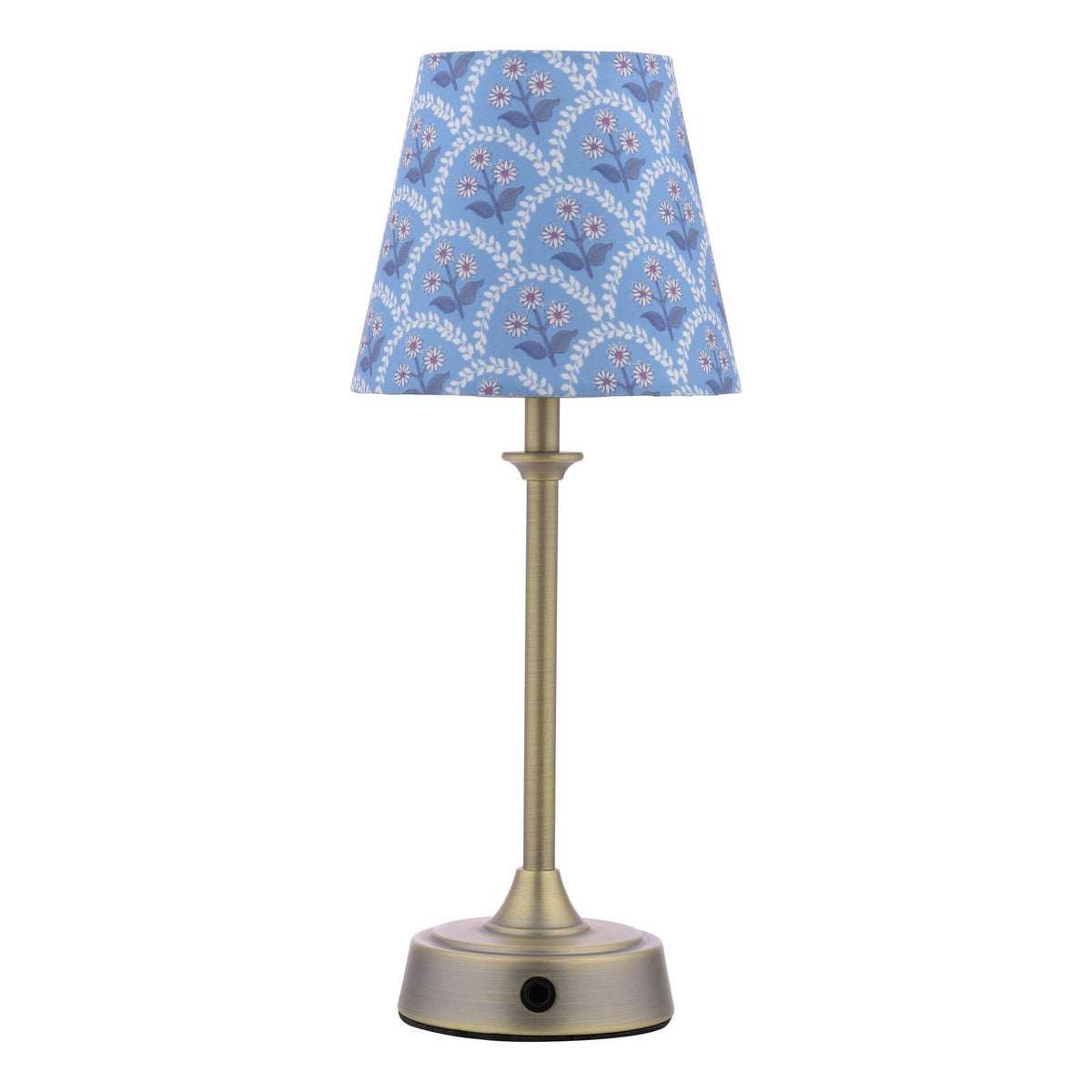 Apsley Rechargeable Table Lamp in Matt Antique Brass with Blue Cotton Shade