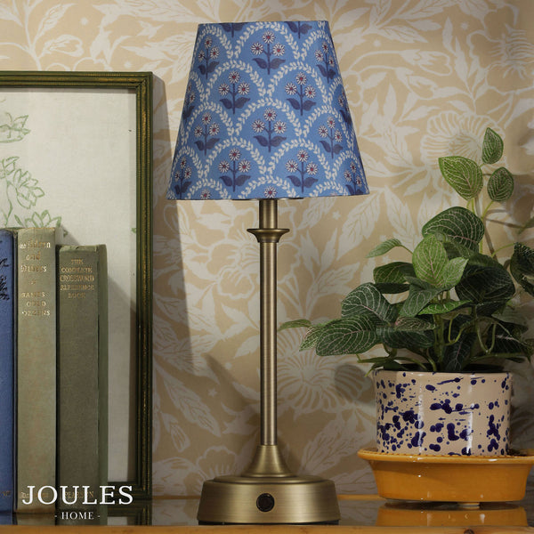 Apsley Rechargeable Table Lamp in Matt Antique Brass with Blue Cotton Shade