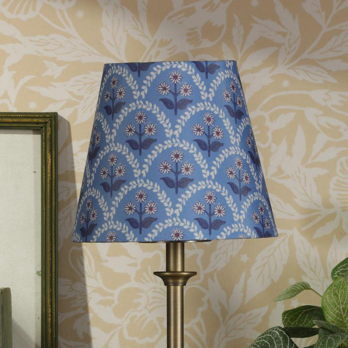Joules Apsley rechargeable table lamp with a blue floral cotton shade and antique brass base