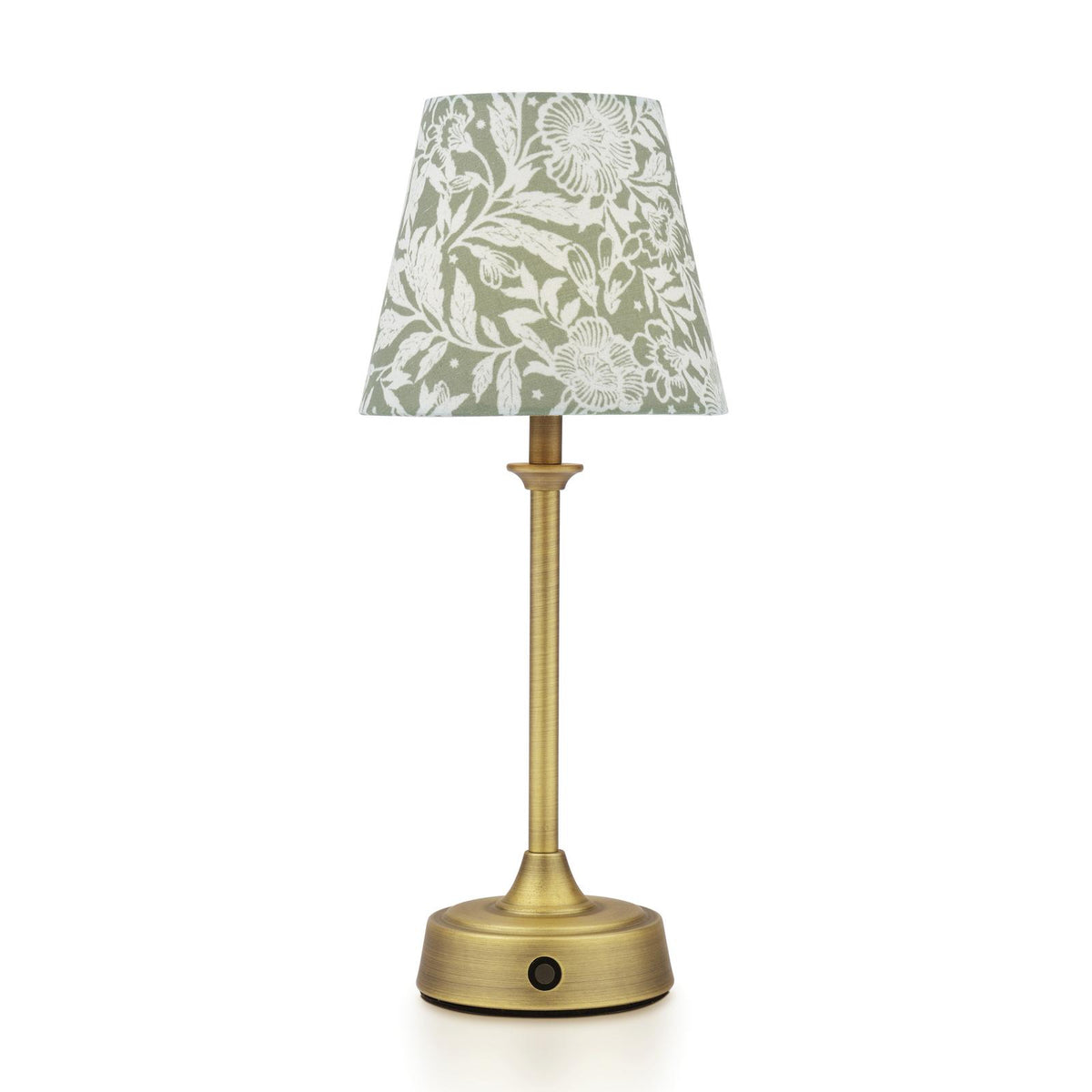 Joules Apsley rechargeable table lamp in matt antique brass with a green floral cotton shade