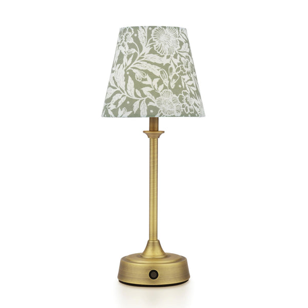 Joules Apsley rechargeable table lamp in matt antique brass with a green floral cotton shade