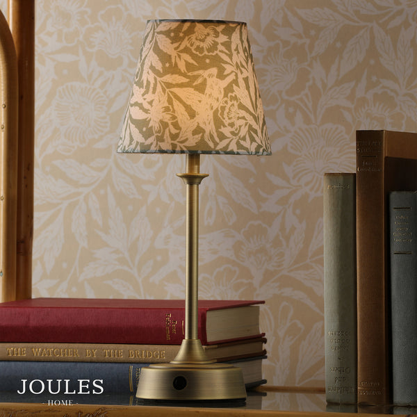 Apsley Rechargeable Table Lamp in Matt Antique Brass with Green Cotton Shade