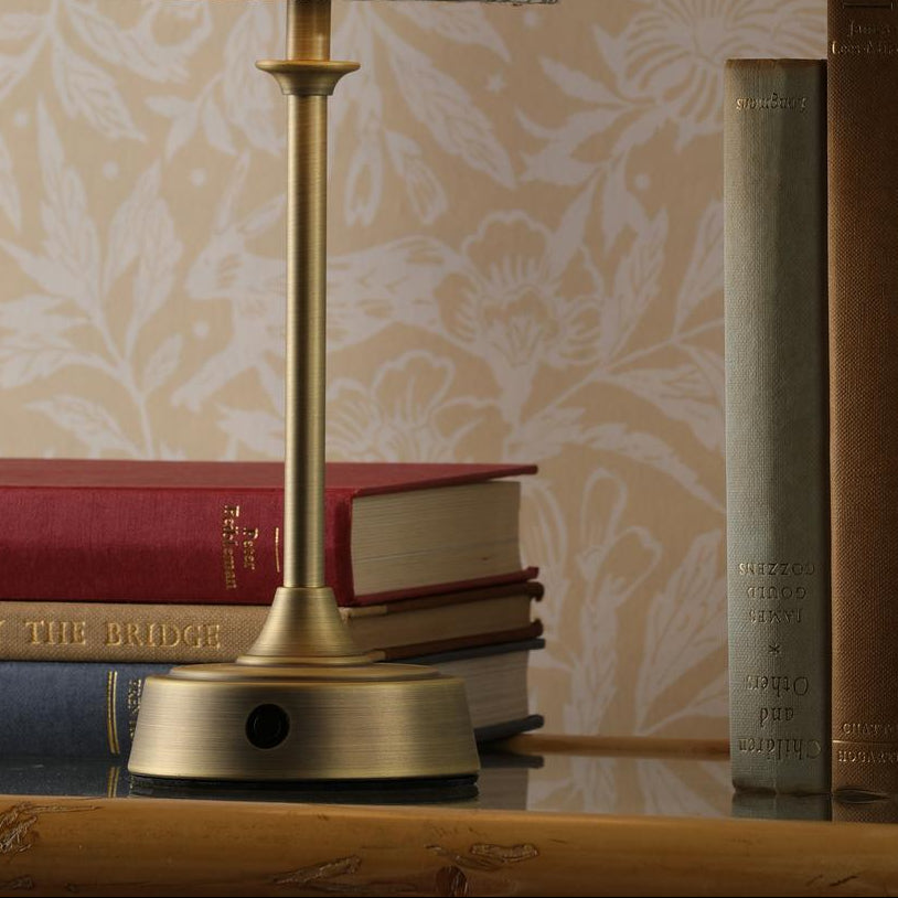 Apsley Rechargeable Table Lamp in Matt Antique Brass with Green Cotton Shade