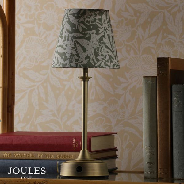 Apsley Rechargeable Table Lamp in Matt Antique Brass with Green Cotton Shade