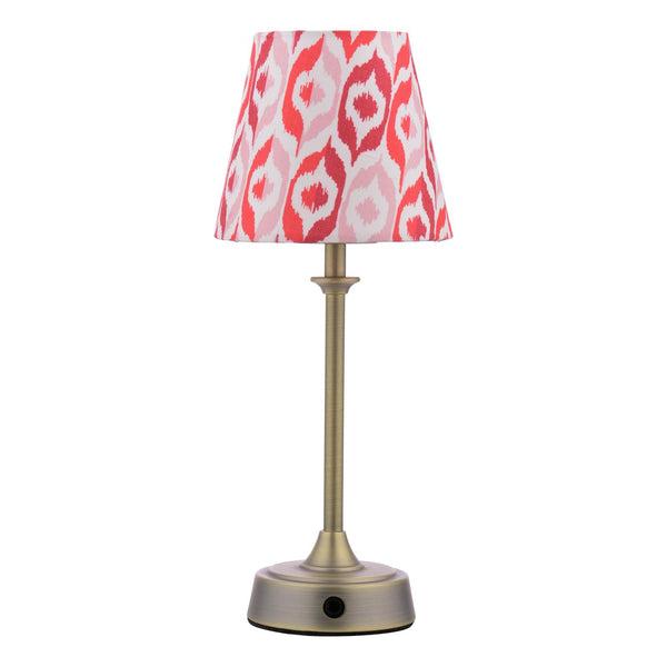 Joules Apsley rechargeable table lamp with a matt antique brass base and red patterned cotton shade
