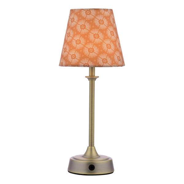 Joules Apsley rechargeable table lamp in matt antique brass with a patterned yellow cotton shade