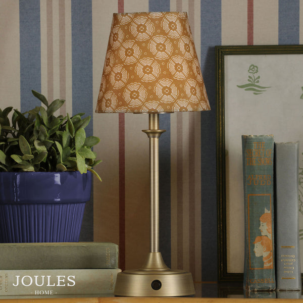Apsley Rechargeable Table Lamp in Matt Antique Brass with Yellow Cotton Shade