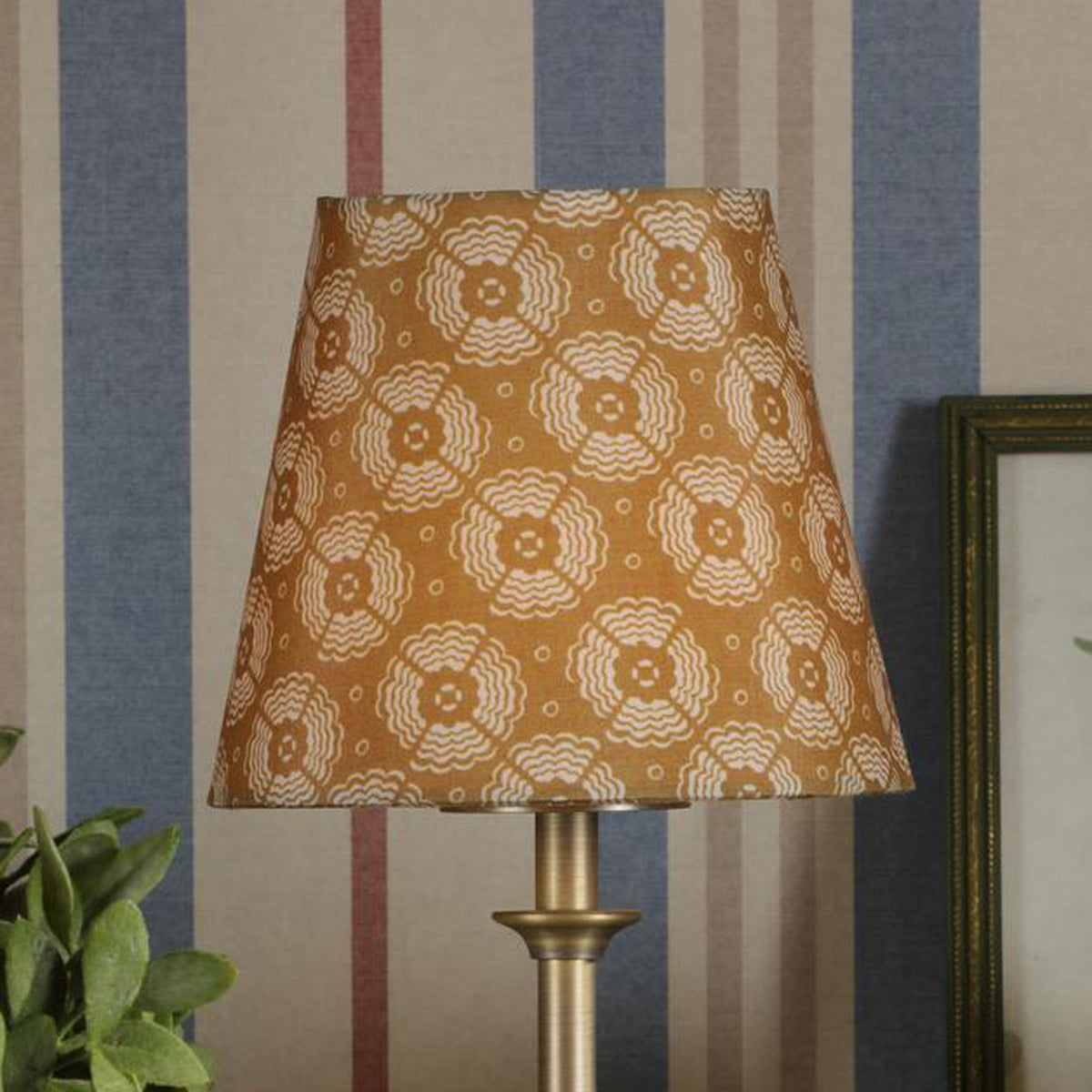 Mustard yellow tapered lampshade with white floral pattern