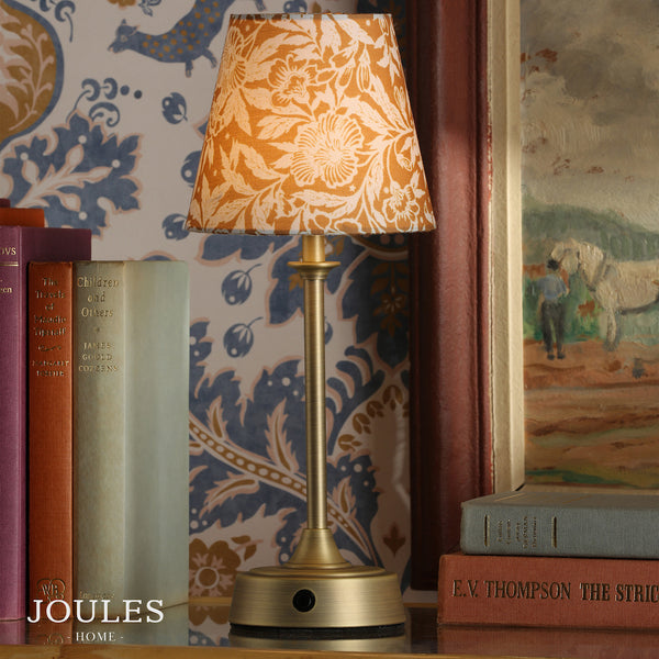 Apsley Rechargeable Table Lamp in Matt Antique Brass with Yellow Floral Print Cotton Shade