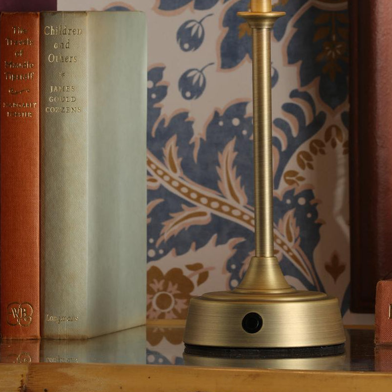 Apsley Rechargeable Table Lamp in Matt Antique Brass with Yellow Floral Print Cotton Shade