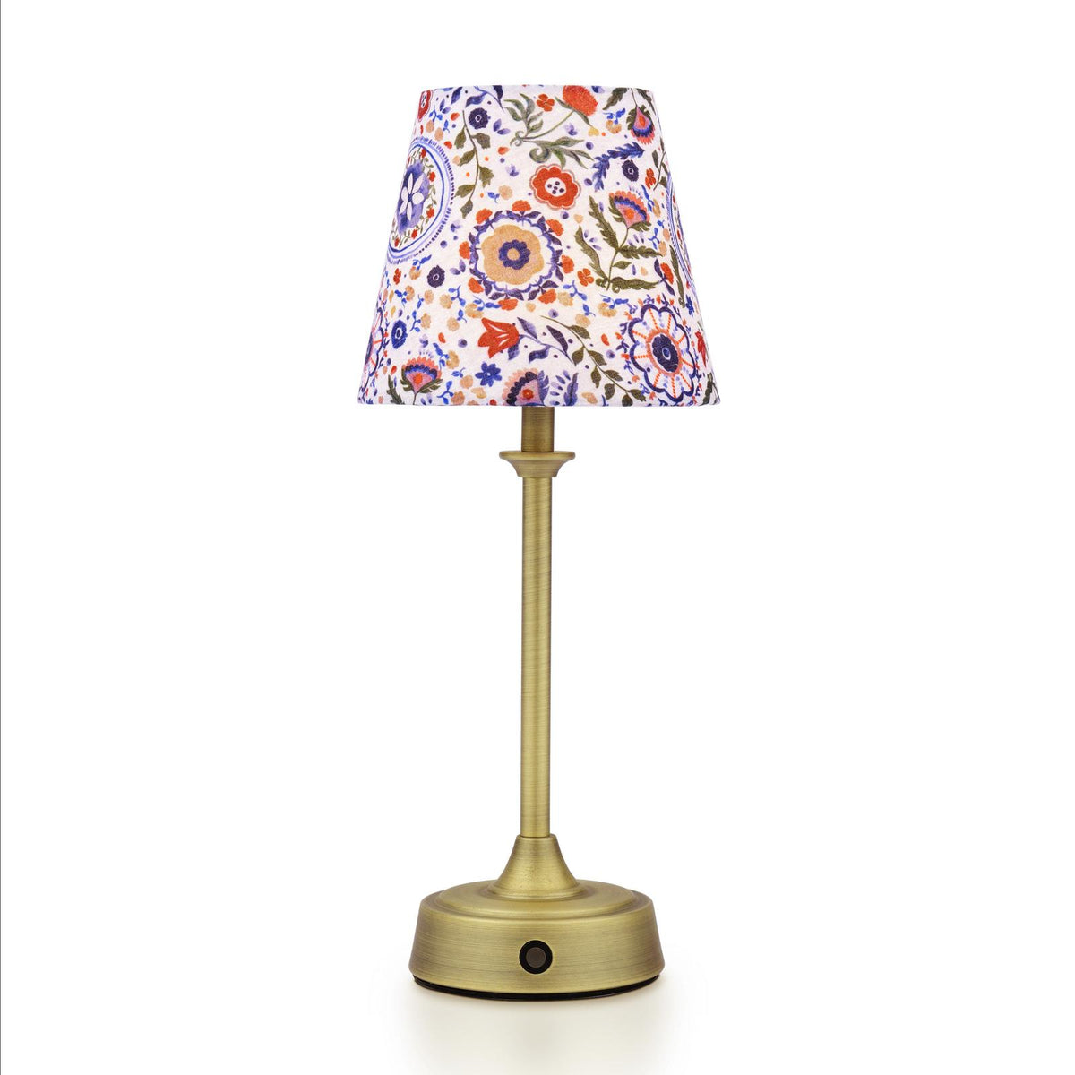 Joules Apsley rechargeable table lamp with a matt antique brass base and a multi colour floral cotton shade