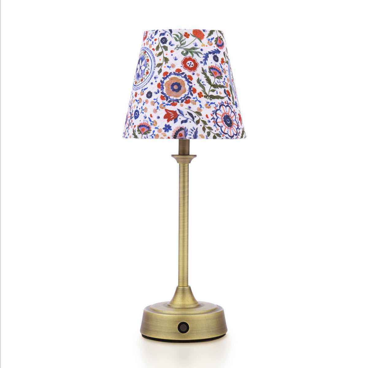 Joules Apsley rechargeable table lamp in matt antique brass with a floral multi colour cotton shade