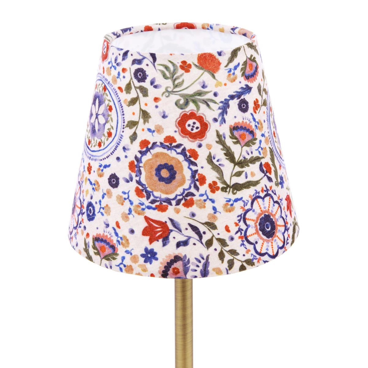 Joules Apsley rechargeable table lamp with a multi colour floral cotton shade and antique brass base