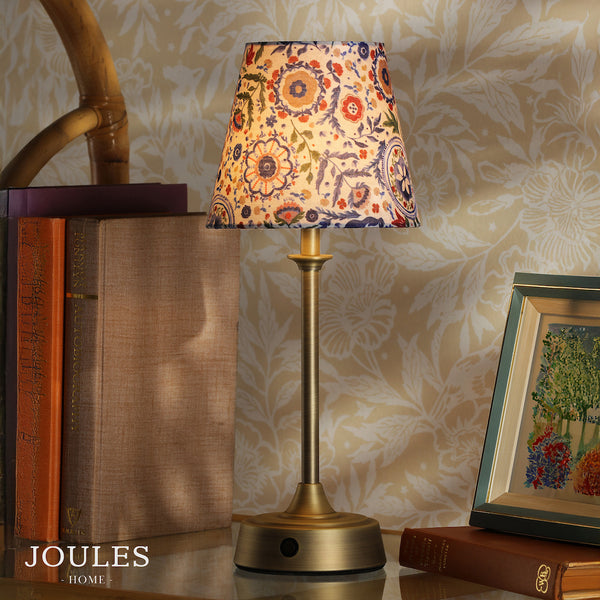 Apsley Rechargeable Table Lamp in Matt Antique Brass with Multi Colour Cotton Shade