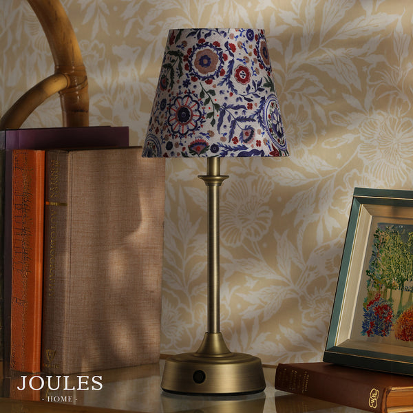 Apsley Rechargeable Table Lamp in Matt Antique Brass with Multi Colour Cotton Shade