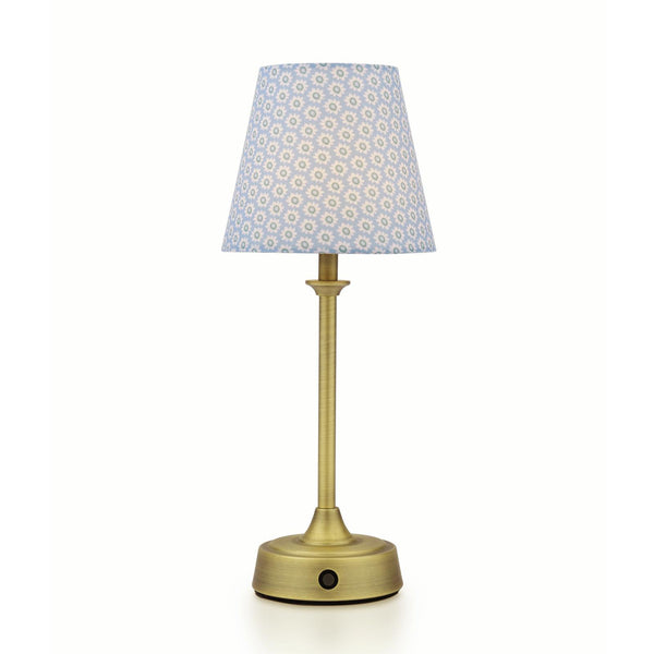 Joules Apsley rechargeable table lamp in antique brass with a blue floral cotton shade