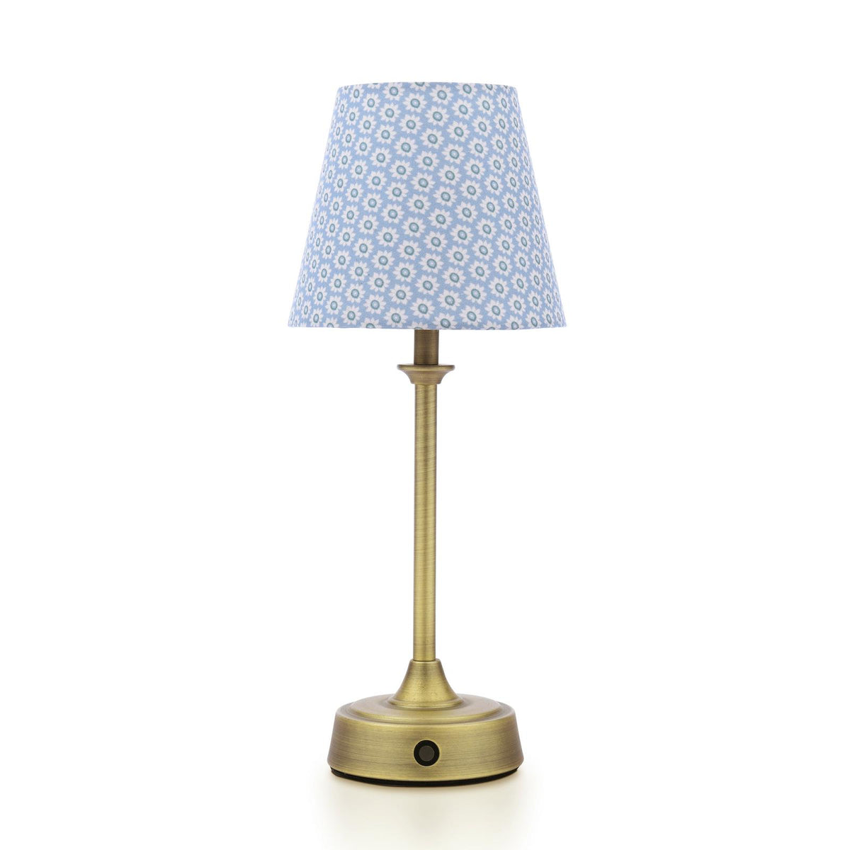 Joules Apsley rechargeable table lamp with antique brass base and blue floral cotton shade