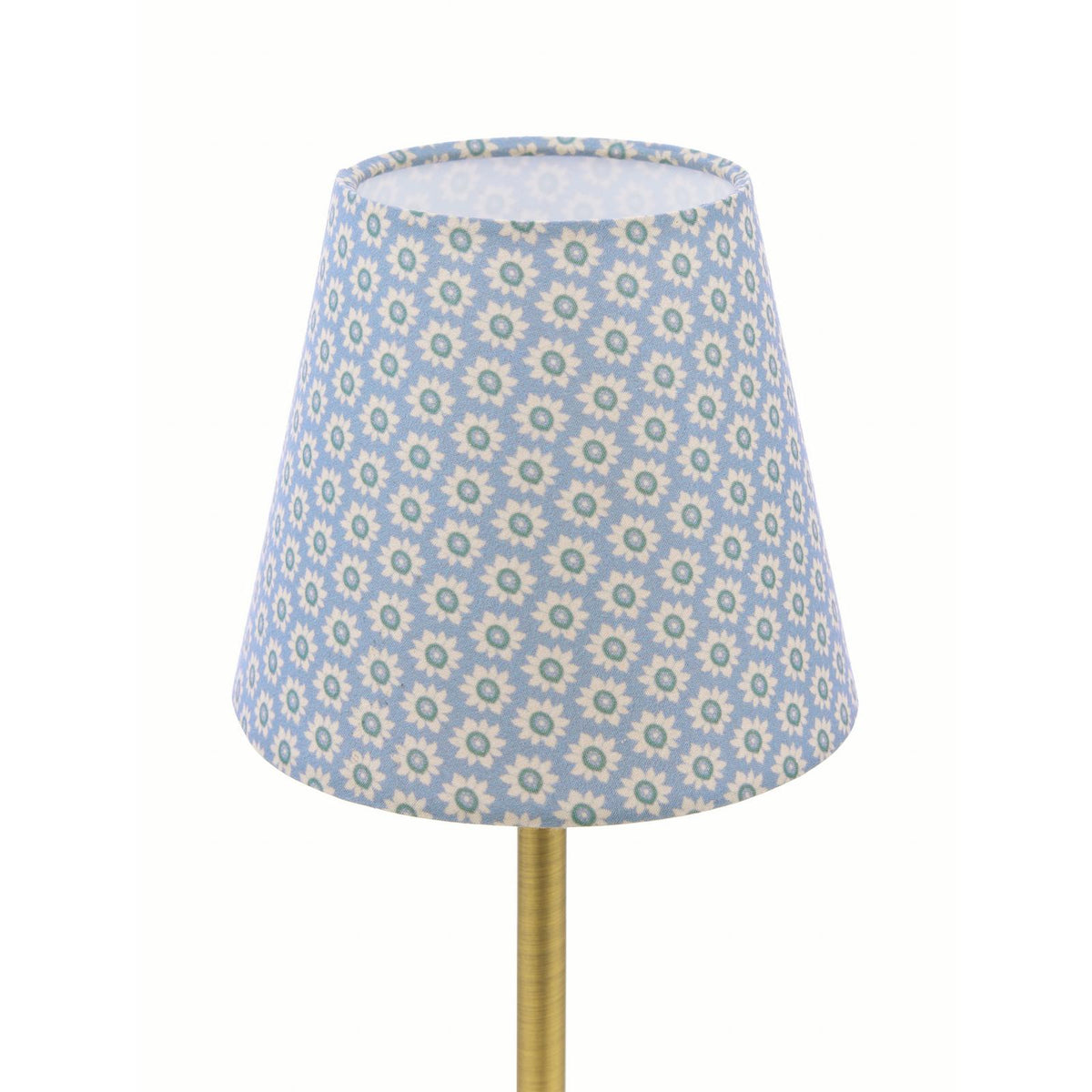 Joules Apsley rechargeable table lamp with blue floral cotton shade and antique brass base