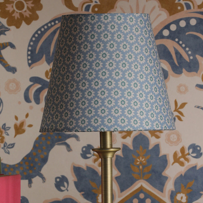 Joules Apsley rechargeable table lamp with blue floral cotton shade and antique brass base