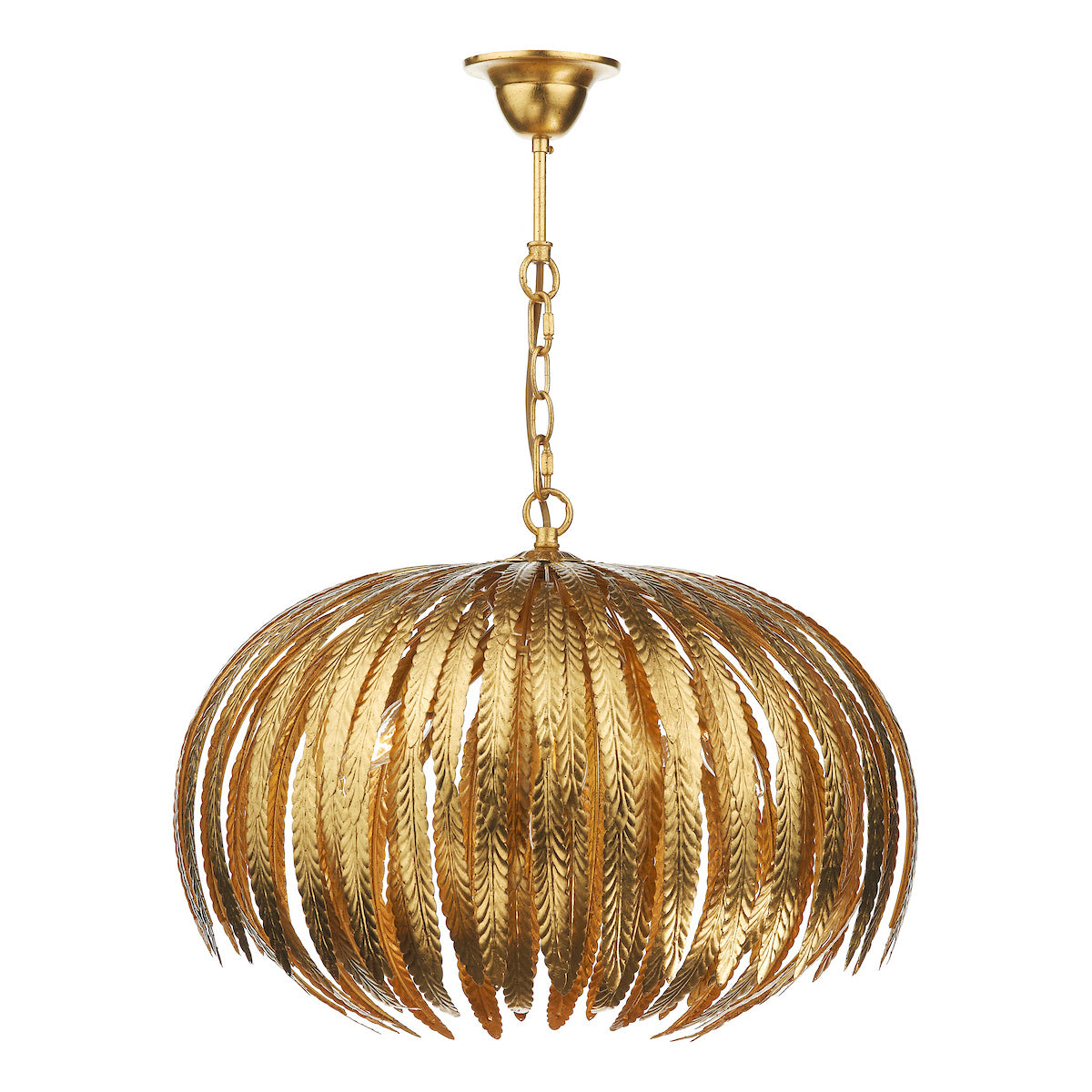 Golden chandelier with a dome-shaped shade made of individual leaf-like metal pieces.