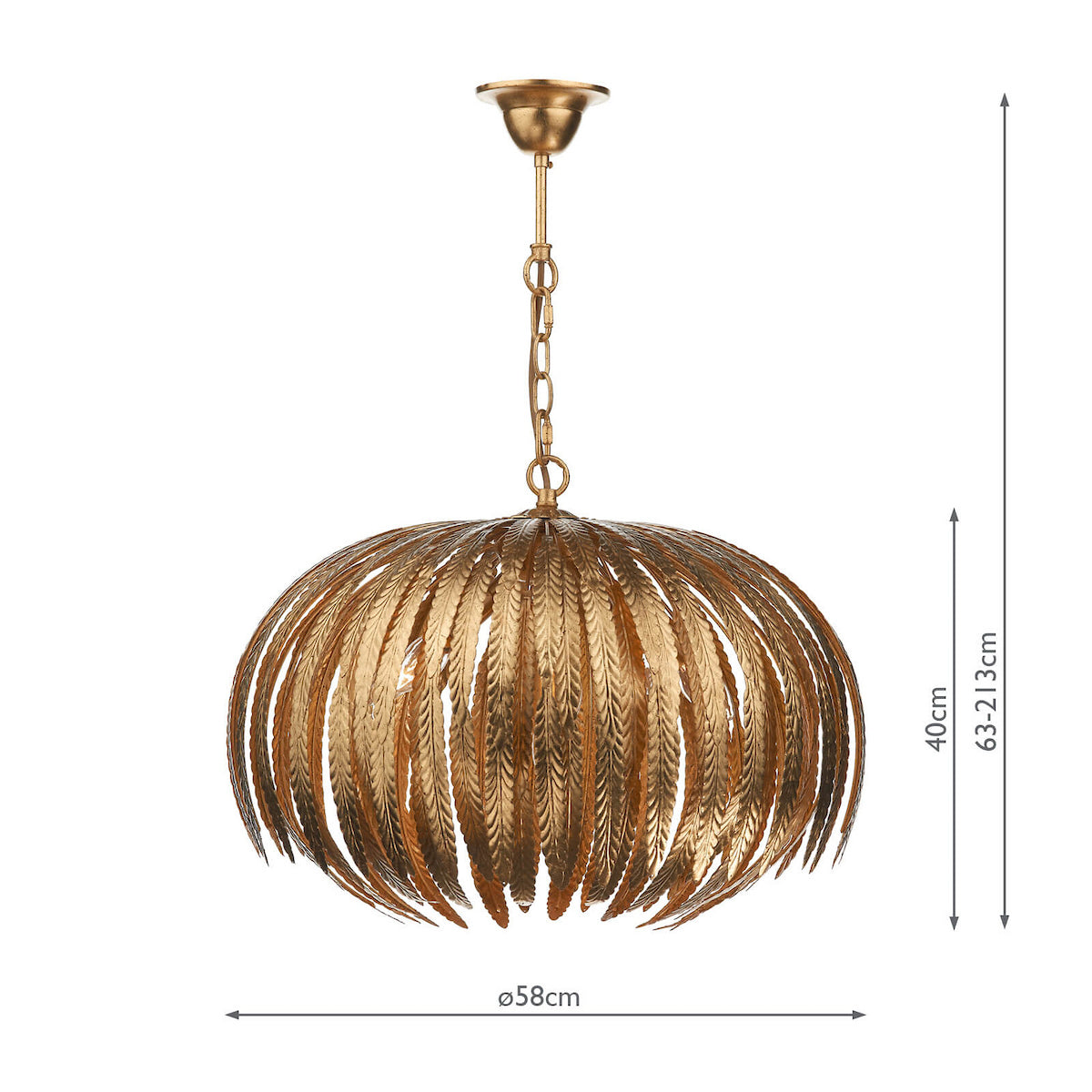 Gold chandelier with feather-like metal leaves, hanging from a chain, with dimensions shown.