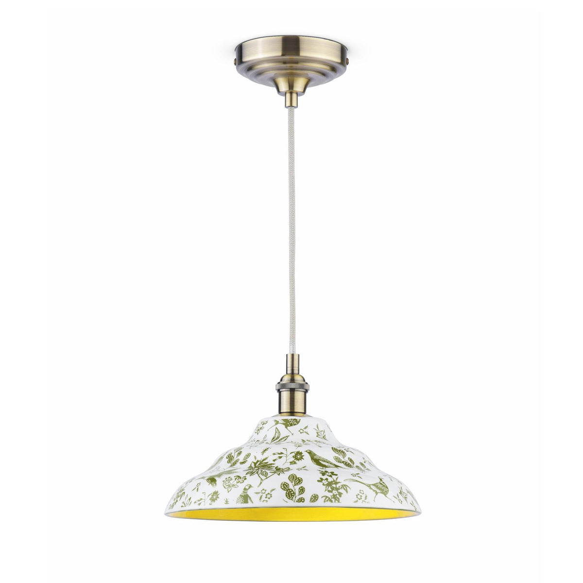 Joules Audley ceramic pendant light in green and matt antique brass with floral and bird pattern