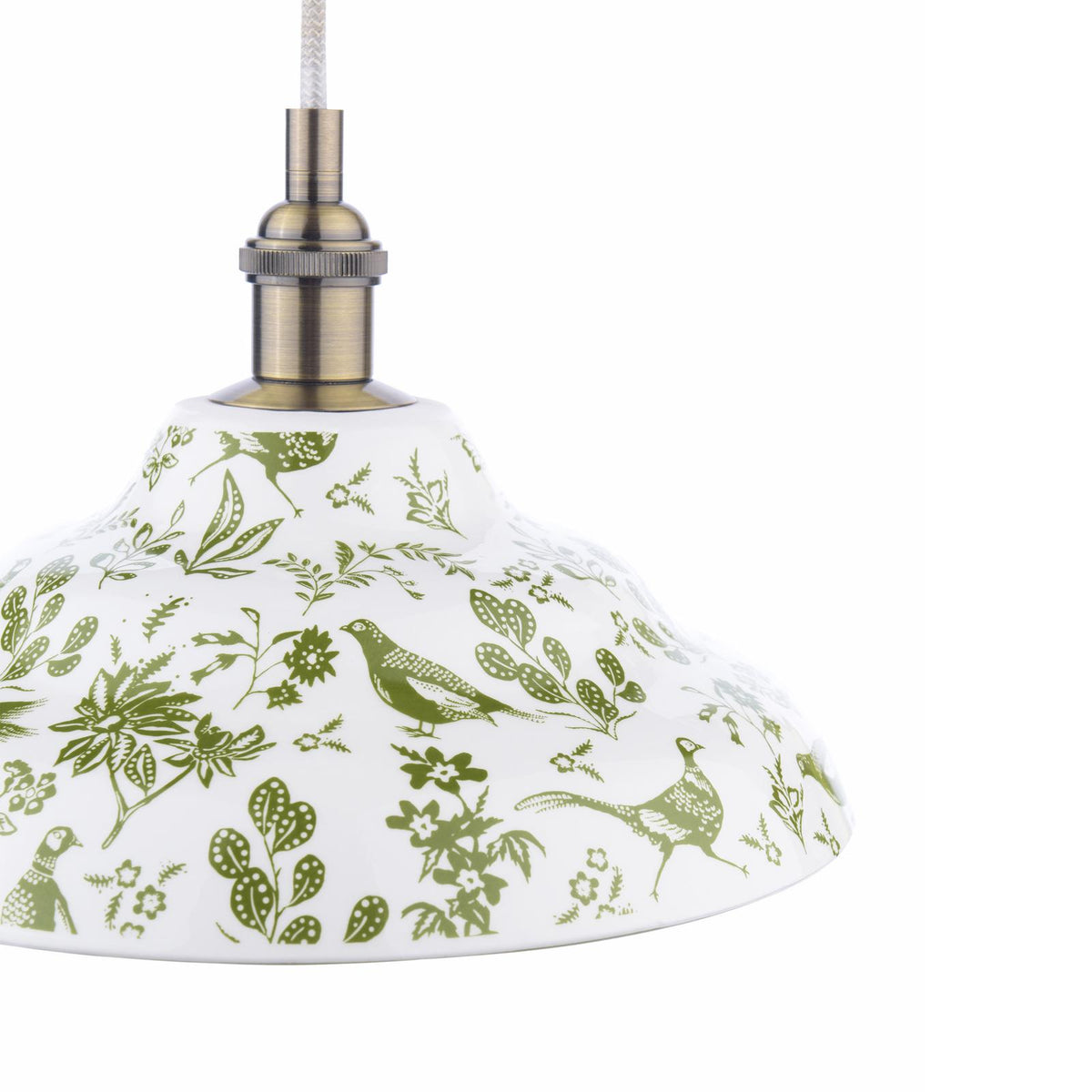 Joules Audley ceramic pendant light with green botanical and bird print on white shade and antique brass fitting