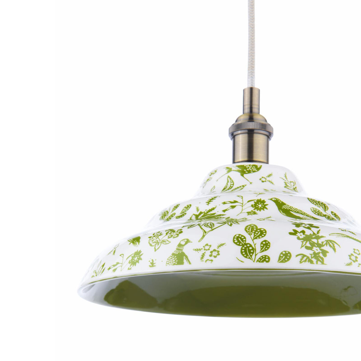 Joules Audley ceramic pendant light in green and matt antique brass with floral and bird pattern