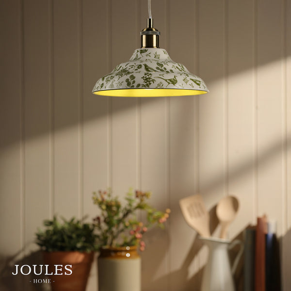 Joules Audley ceramic pendant light in green and matt antique brass with botanical pattern