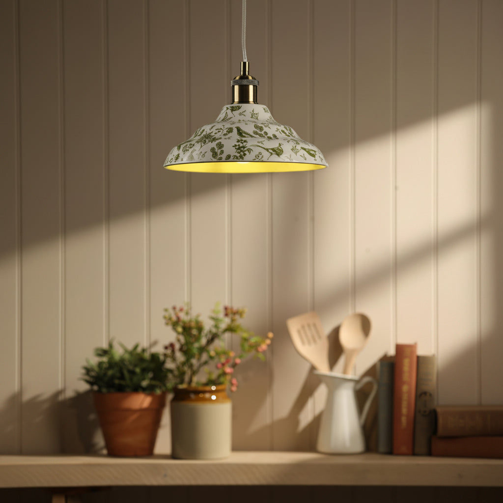 Joules Audley ceramic pendant light in green and matt antique brass with botanical print