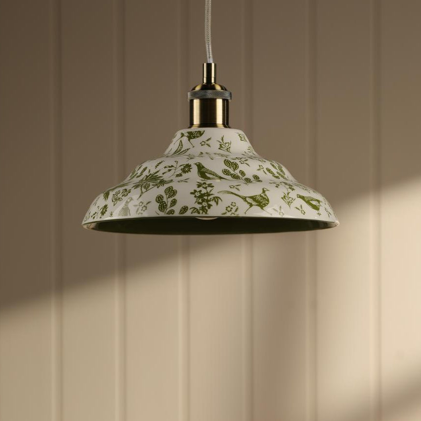 Joules Audley ceramic pendant light in green and matt antique brass with botanical and bird print