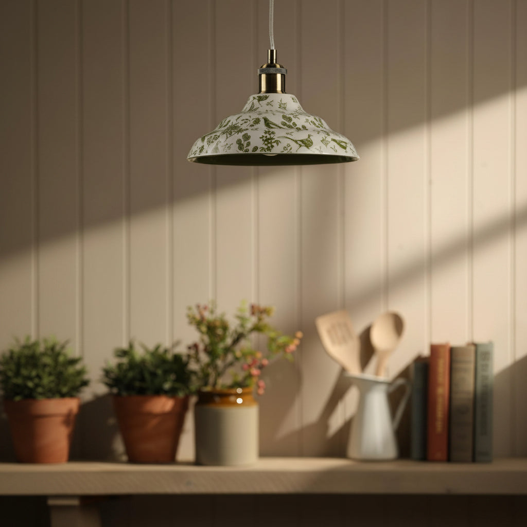 Joules Audley ceramic pendant light in green and matt antique brass with botanical pattern