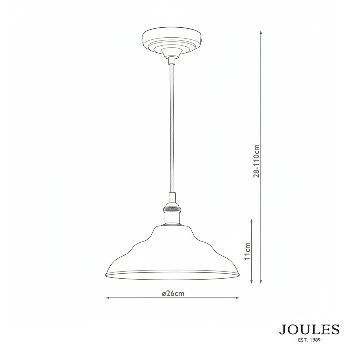 Joules pendant light technical line drawing with dimensions showing 26cm diameter and 28 to 110cm adjustable height