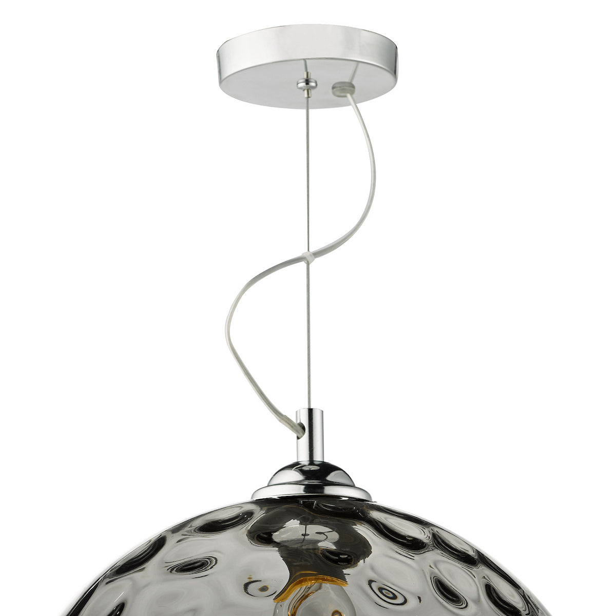 Modern pendant light with a textured, smoky glass shade and a visible filament bulb.