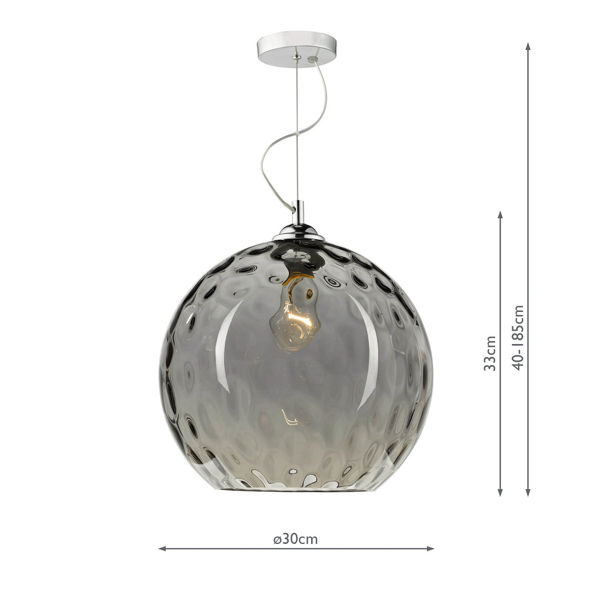 Smoked glass pendant light with a textured, spherical shade and visible filament bulb.