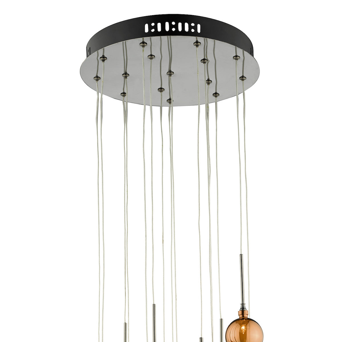 Close-up of a modern chandelier's ceiling plate with multiple hanging wires and a single amber glass globe.