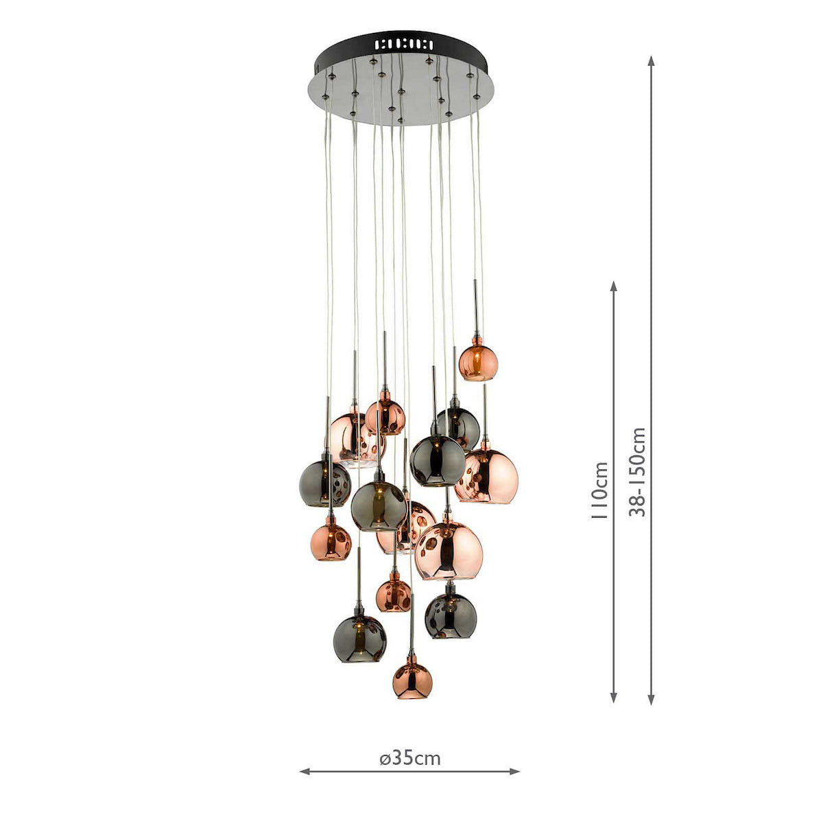 Modern multi-light pendant with copper and smoked glass spheres, showing dimensions.
