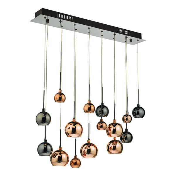 Modern chandelier with multiple copper and dark gray glass globes hanging at varying lengths.