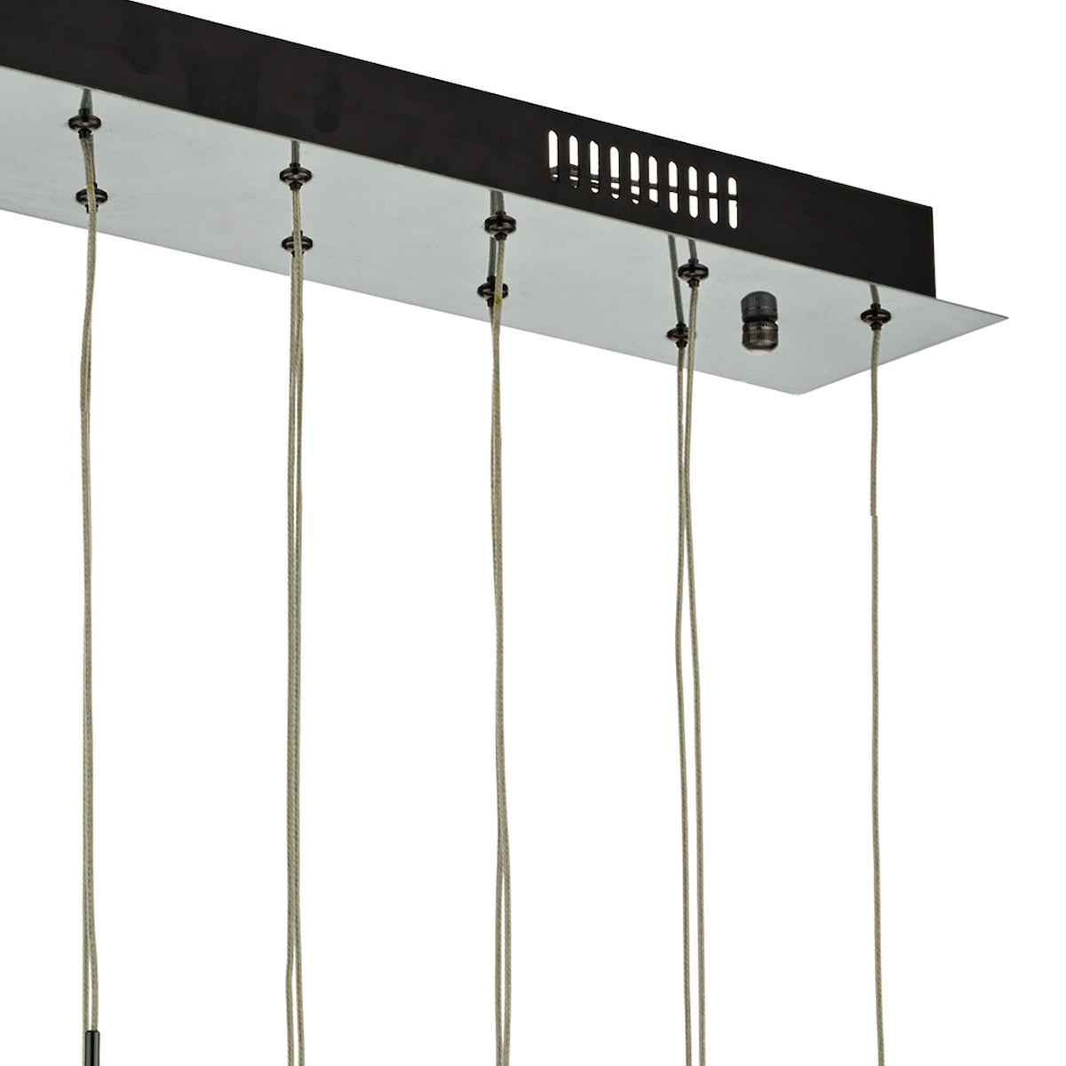 Close-up of a rectangular ceiling plate with multiple hanging cords for a light fixture.