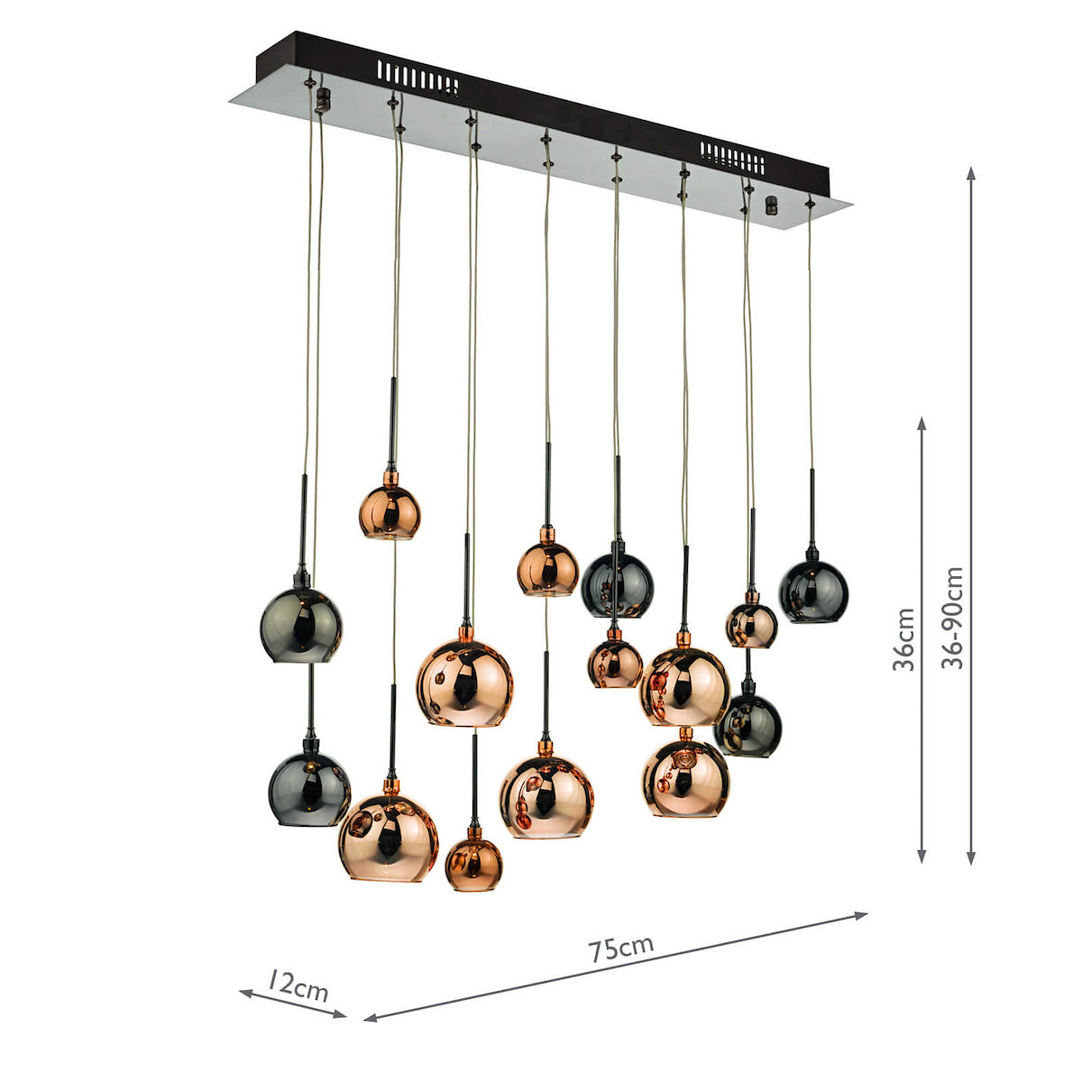 Linear pendant light with 12 copper and smoked glass globes, showing dimensions.