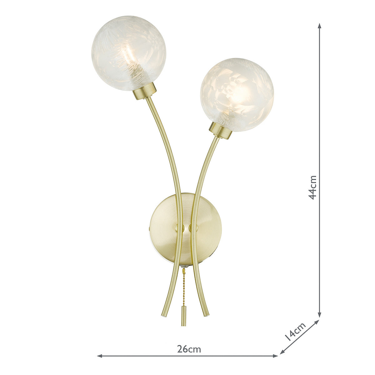 Brushed brass wall light with two frosted glass globe shades, dimensions 44cm high, 26cm wide, 14cm deep.
