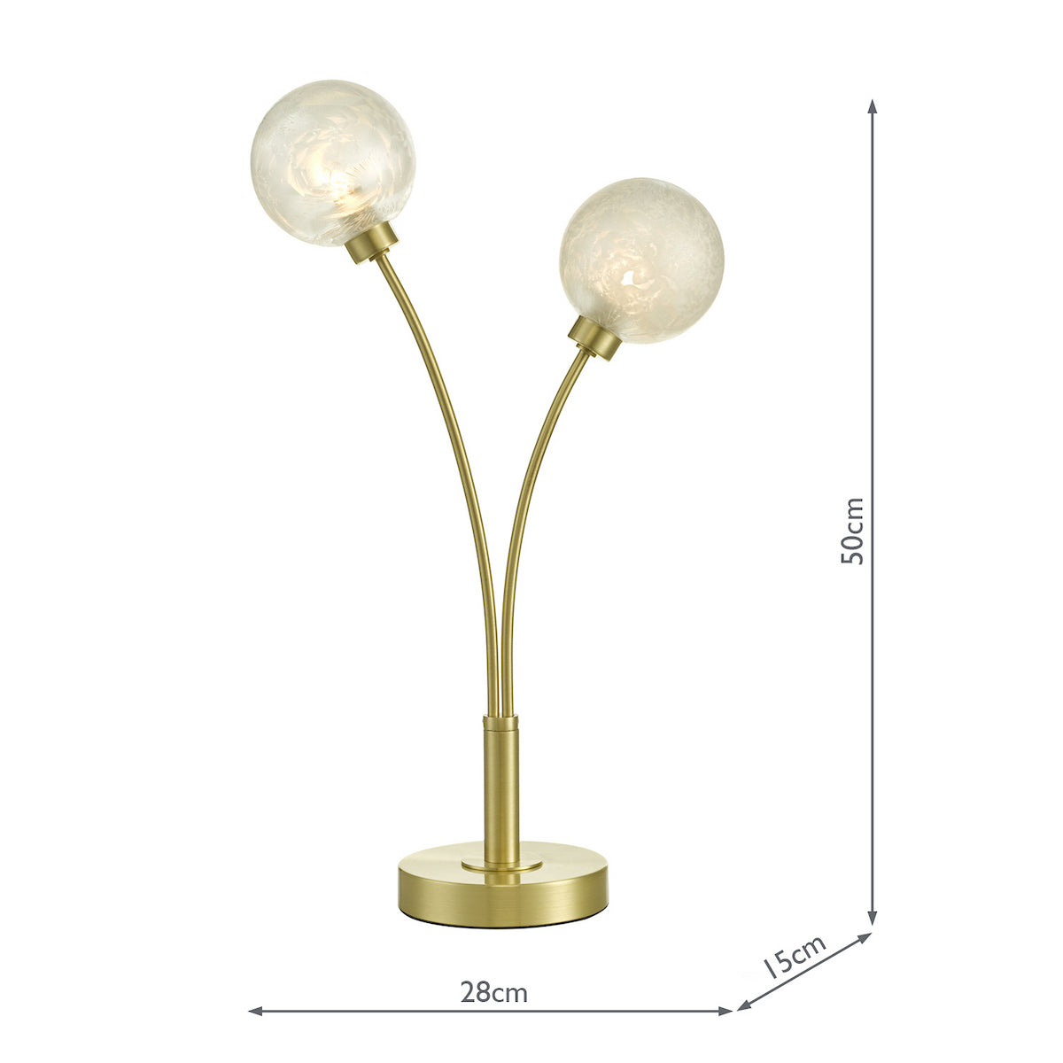 Gold table lamp with two curved arms holding spherical, textured glass shades. It is 50cm tall.