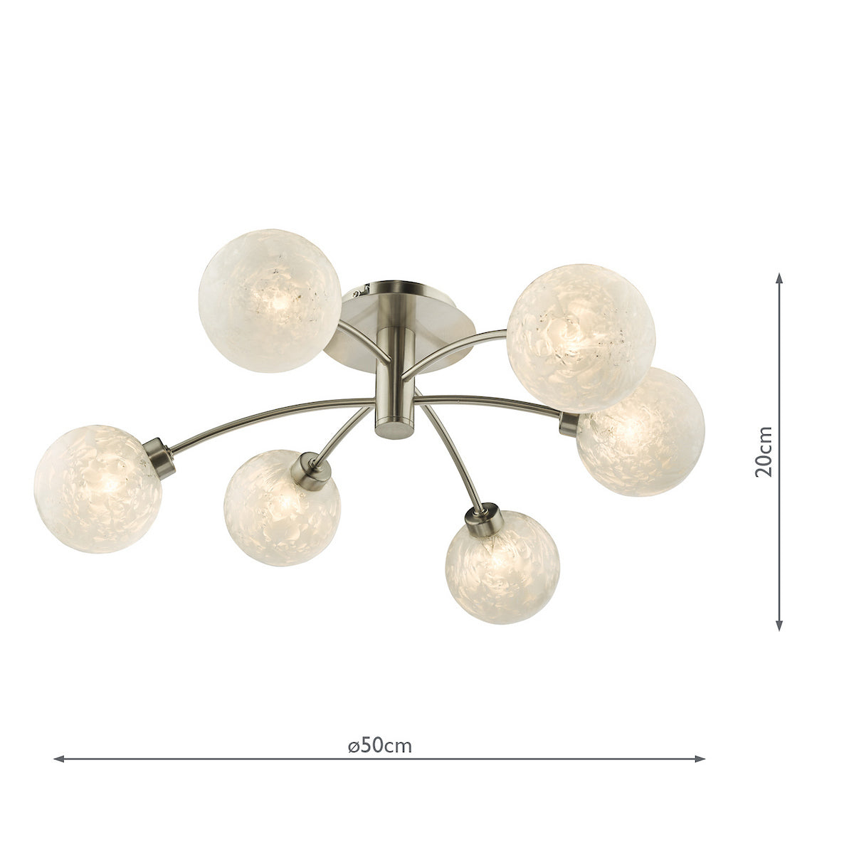 Brushed steel ceiling light with six textured glass globe shades, 50cm wide and 20cm high.