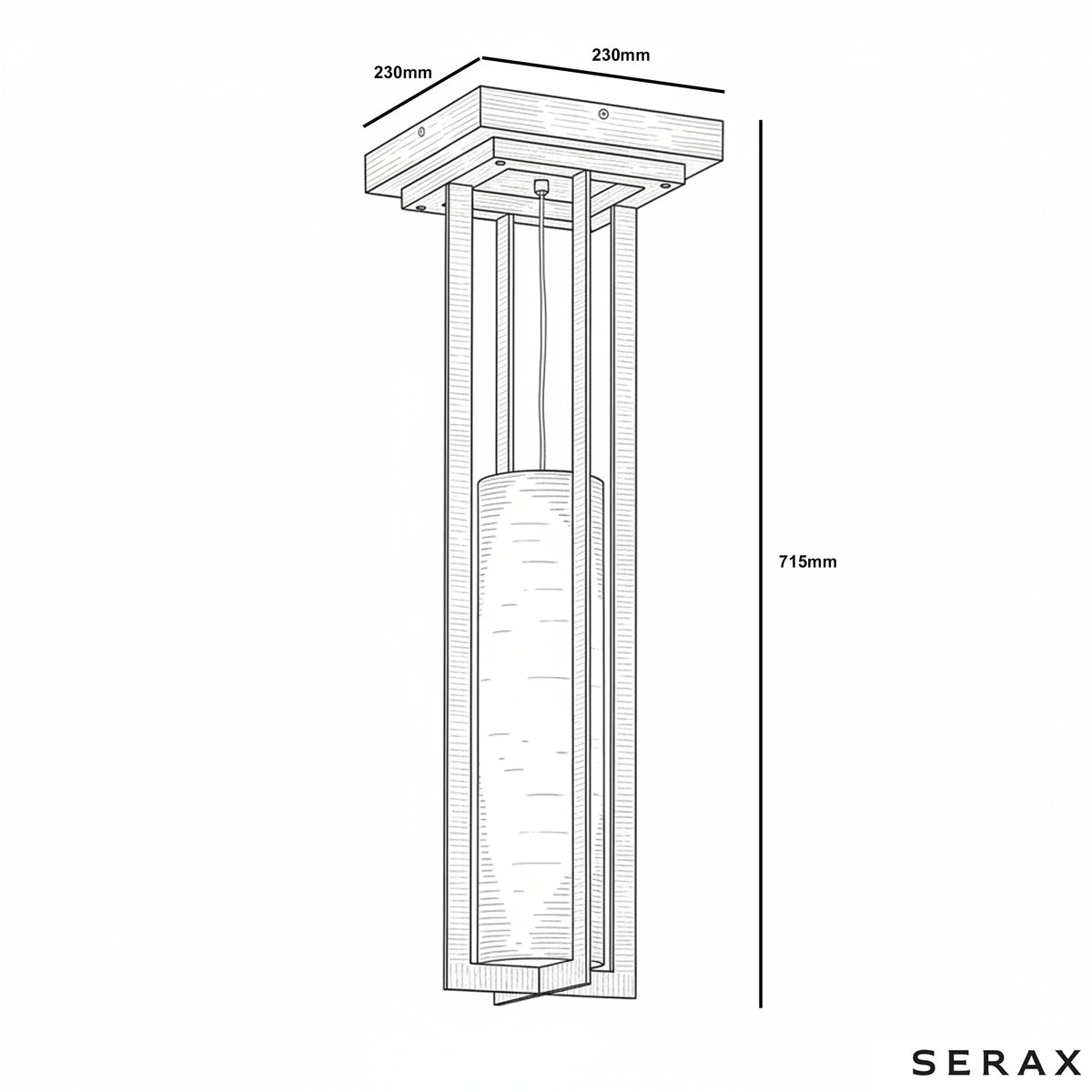 Serax pendant light technical drawing with dimensions 230mm by 230mm by 715mm