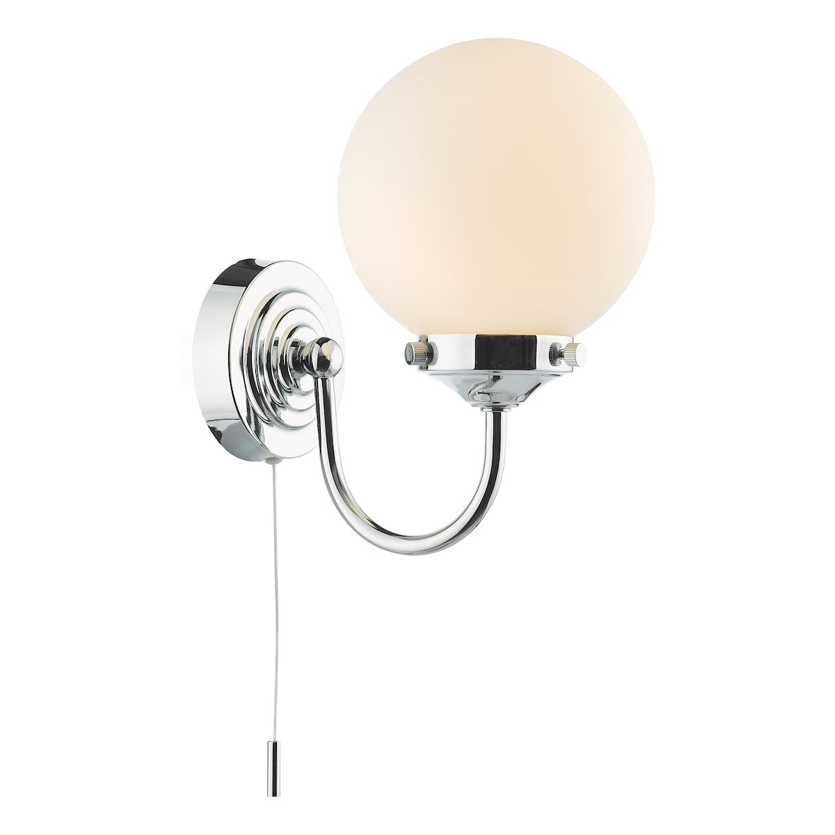 Chrome wall light with a white spherical shade and a pull cord switch.
