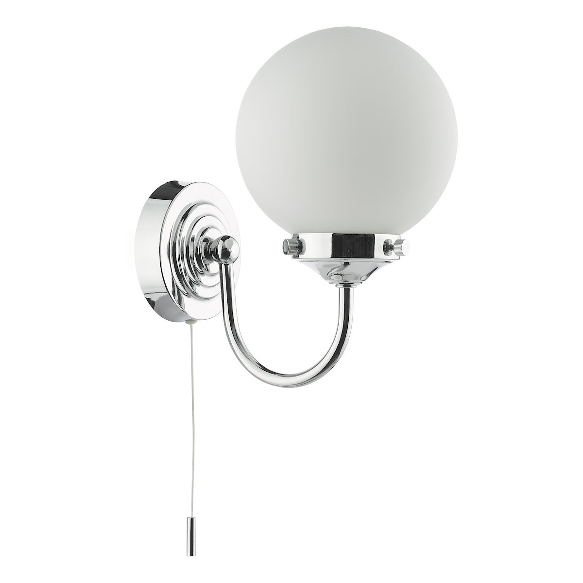 Chrome wall light with a white spherical shade and a pull cord switch.