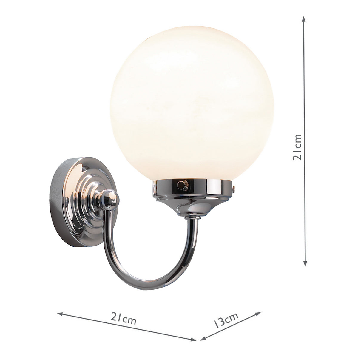 Chrome wall light with a spherical white glass shade, showing dimensions of 21cm height and 13cm depth.