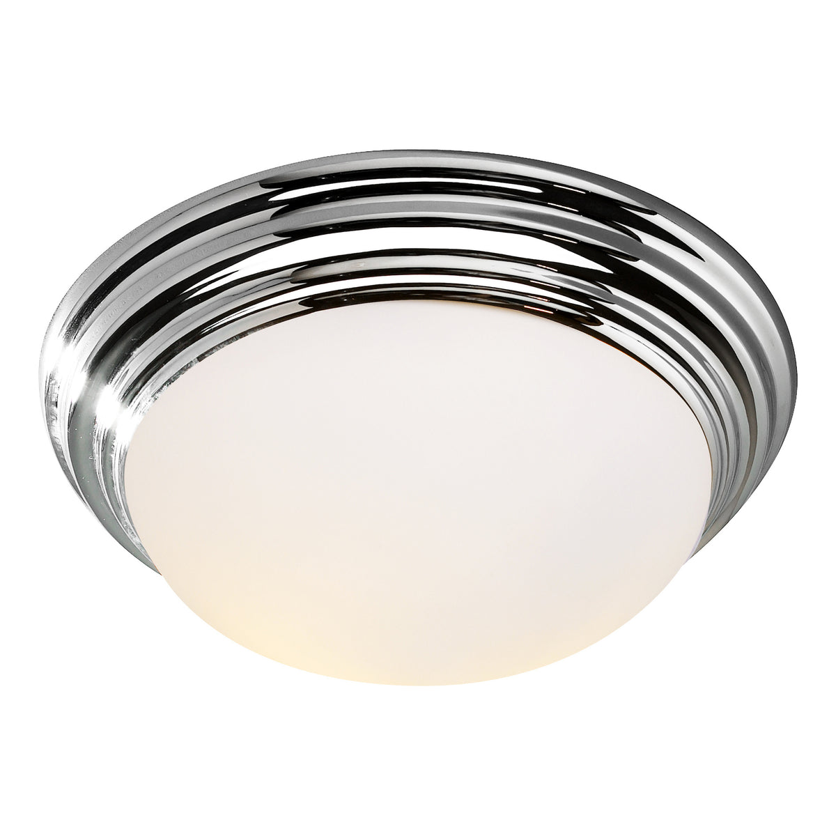 Chrome ceiling light with a frosted glass dome, emitting a warm glow.